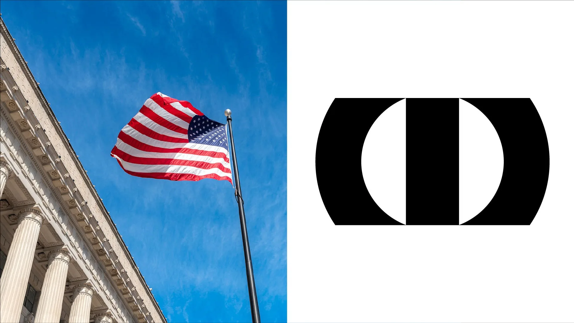 Two images, side-by-side: An American flag flying beside a columned government building and the OneTrust logo.