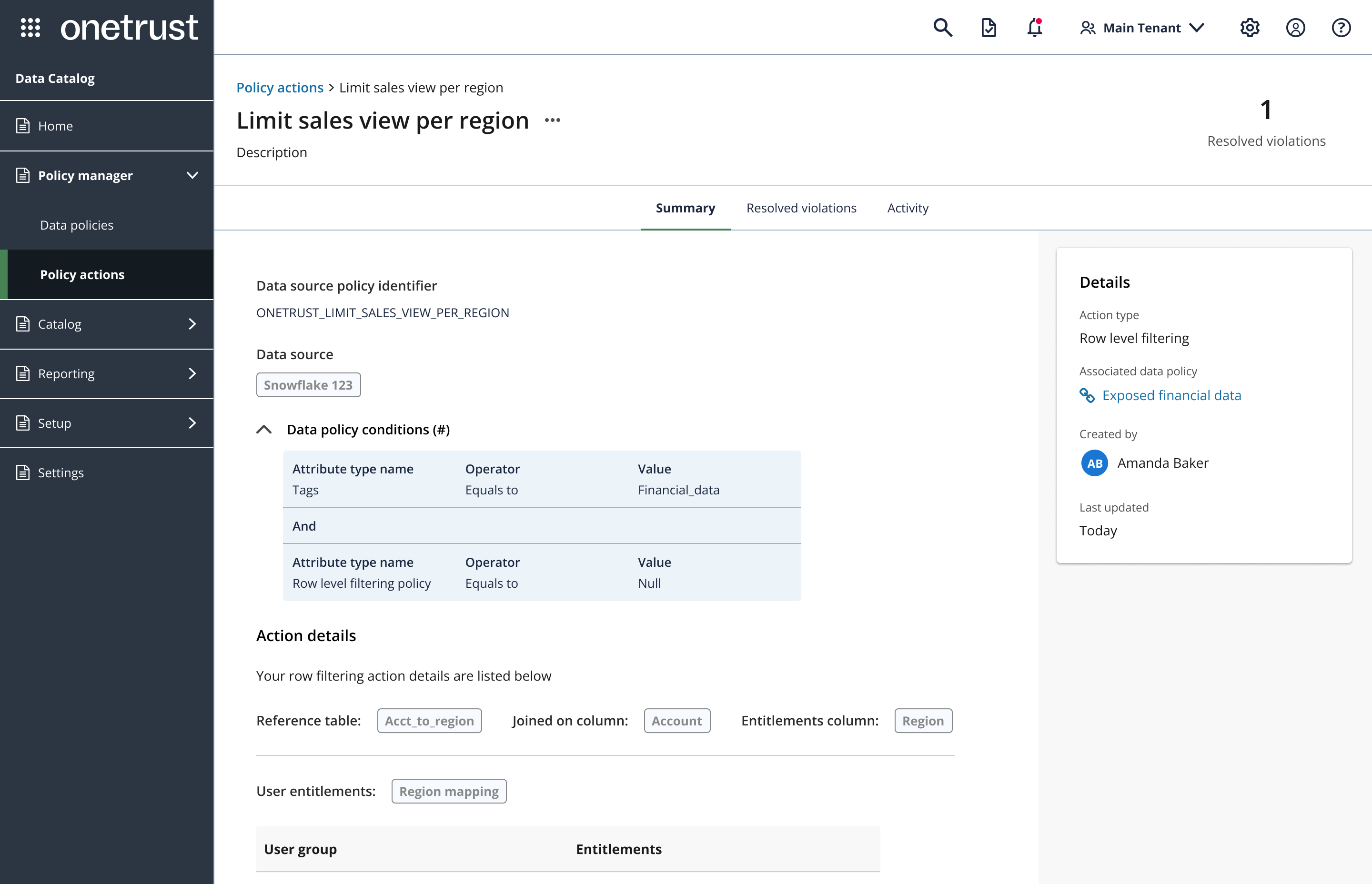 Onetrust dashboard showing data policy actions
