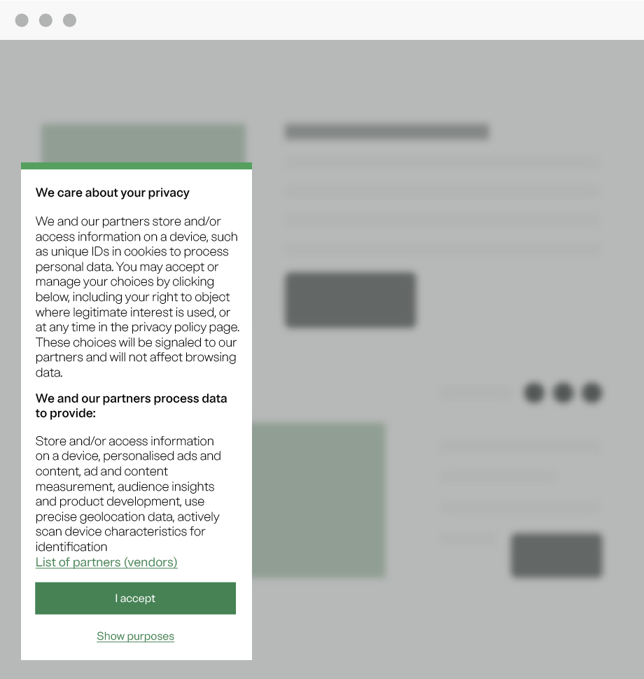 A tall cookie web banner with statements on privacy and how customer data is used, links to lists of partnered vendors and data purposes, and an "Accept" button.