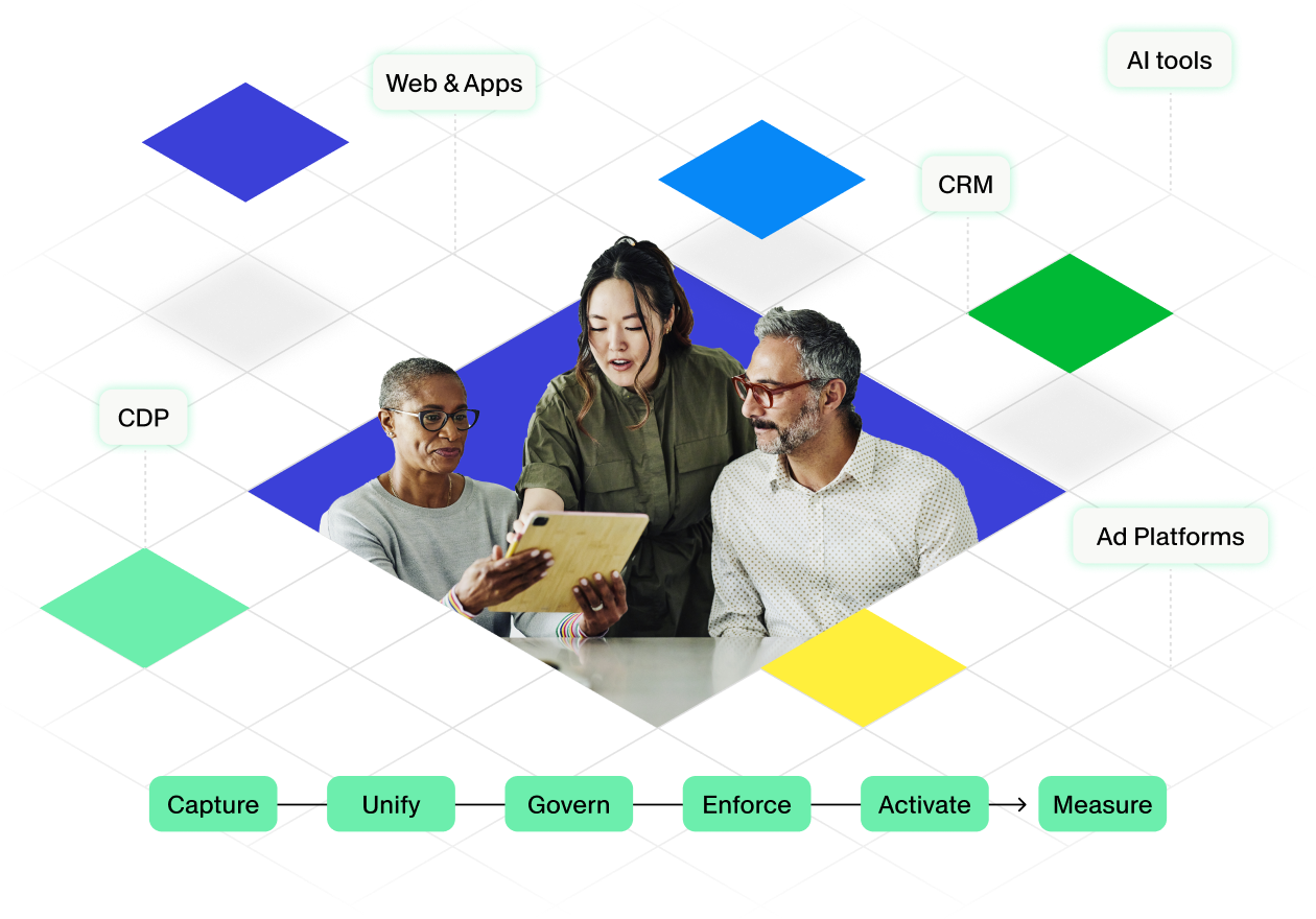 Graphic showcase a team on grid with pieces falling into place around them 