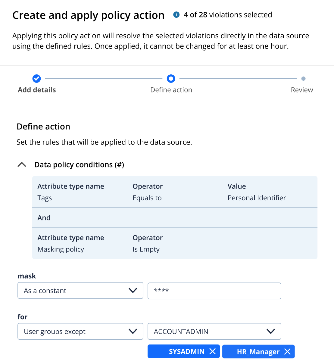 Screenshot of the Data Governance create and apply policy action screen