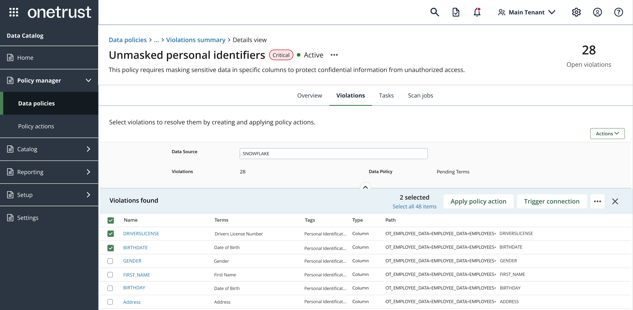 Screenshot of the Data Governance violations summary page
